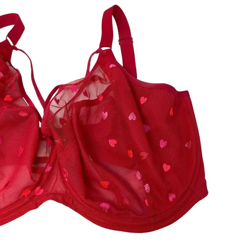 Elomi Sachi Underwire Plunge Bra Red Foil Hearts Strappy Mesh 36M
